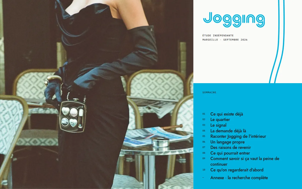 Couverture du rapport interactif : une terrasse de café à Marseille, le logo Jogging et le sommaire sur fond bleu.