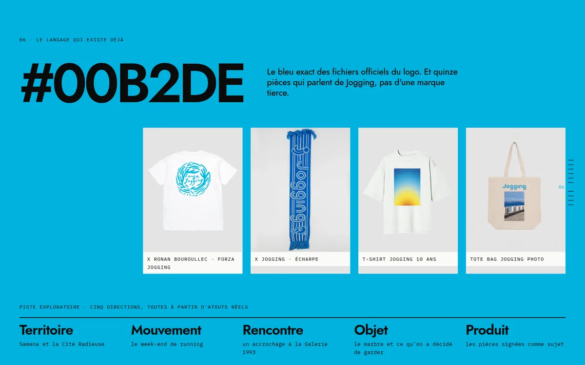 Écran du rapport : le bleu #00B2DE et quatre pièces signées Jogging.