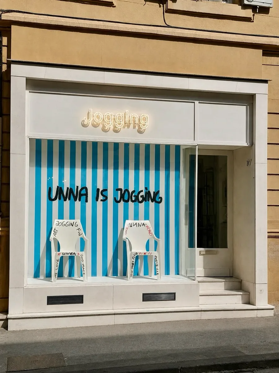 La vitrine de Jogging aux rayures bleues, « UNNA IS JOGGING » peint à la main, publiée le 15/08/2026 en collaboration avec UNNA.